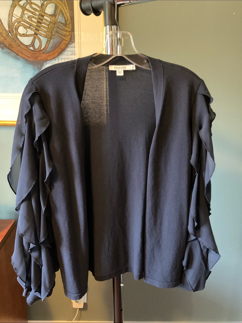 Chico's Navy Ruffle-Sleeve Open Cardigan